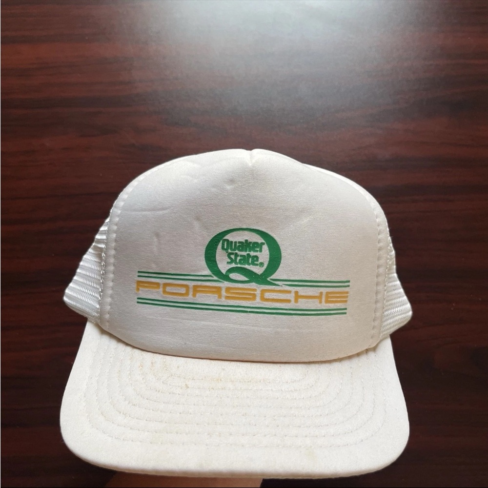Vintage Quaker State Porsche Racing Snap Back Trucker Cap White Mesh Back